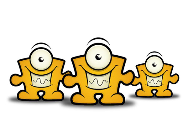 Three yellow one-eyed monsters smiling