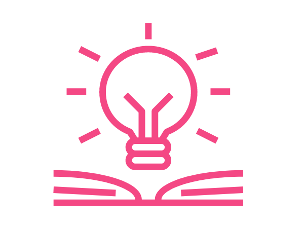 Pink icon of a light bulb in the middle of an open book.
