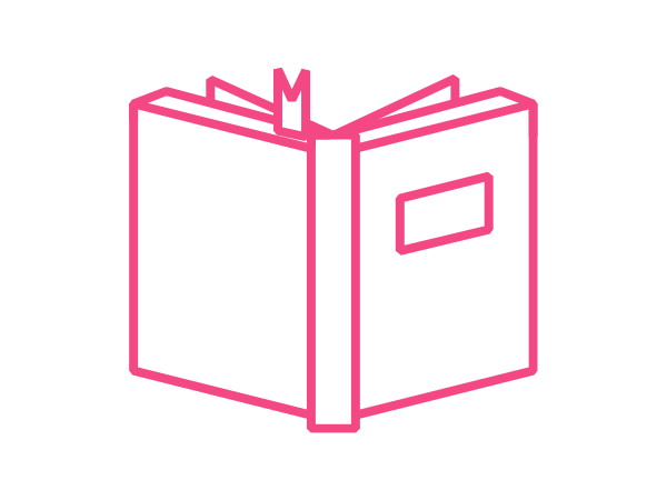 Pink icon of an open book.
