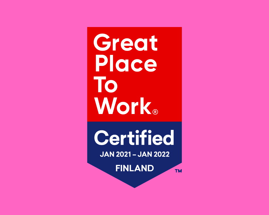 Great place to work -sertifikaatin logo, jossa lukee: sertifioitu tammikuu 2021 - tammikuu 2022
