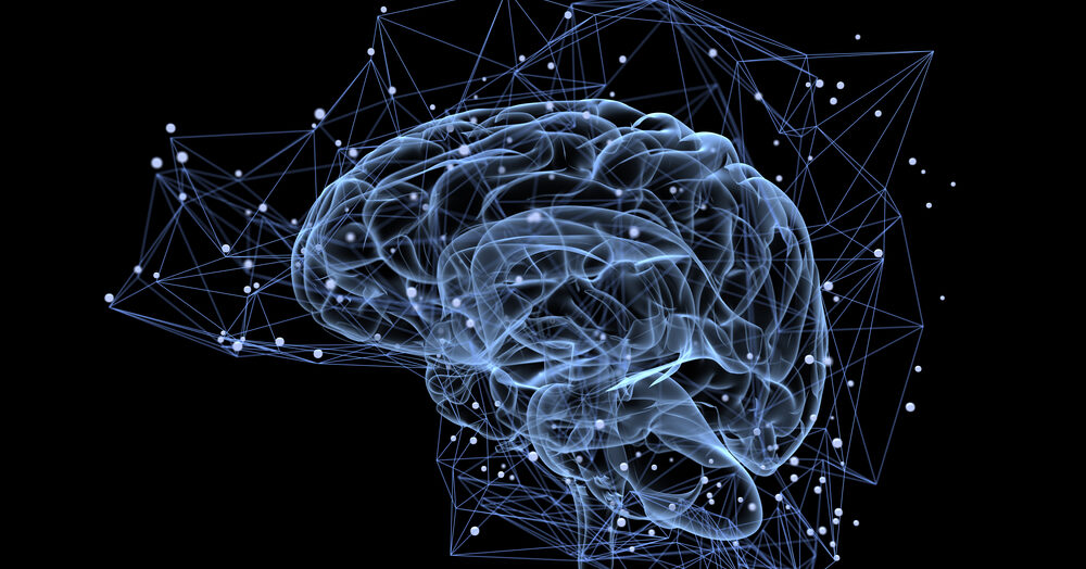 Kuvituskuvassa mustalla pohjalla sininen tietokonepiirros aivoista.