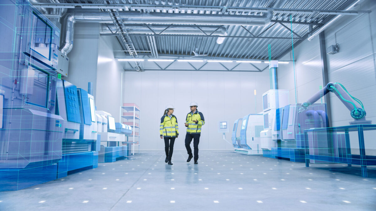 Two,Engineers,Walk,Through,Factory,Workshop,With,Augmented,Reality,3d