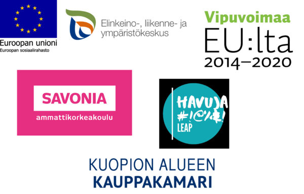 Seuraavien organisaatioiden logot: Euroopan sosiaalirahasto, Vipuvoimaa EU:lta, ELY, Kuopion alueen kauppakamari, Savonia-AMK, LEAP-hanke