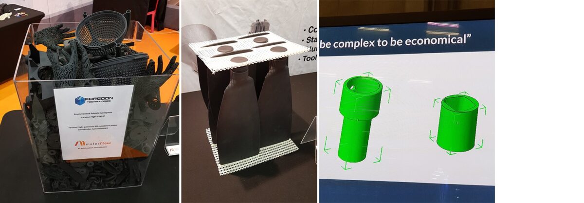 Materflow esitteli uuden Fahrsoonin laitteen tulostustilavuutta messuständillaan. Kuvassa oikealla esimerkki yksinkertaisista osista jotka ovat kannattavia valmistaa 3D-tulostamalla.