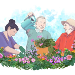 Piirroskuvassa kolme ihmistä istuttavat kukkia.