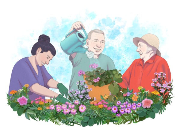 Piirroskuvassa kolme ihmistä istuttavat kukkia.