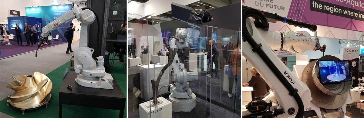 Kuva 8. Vasemmalla MX3Dn osastolla ABBn robotti tulostuspään kanssa, Keskellä Meltion robottijärjestelmä ja oikealla Ranskan Uusi-Akvitania –alueen osastolla esillä ollut WAAM-robotti.