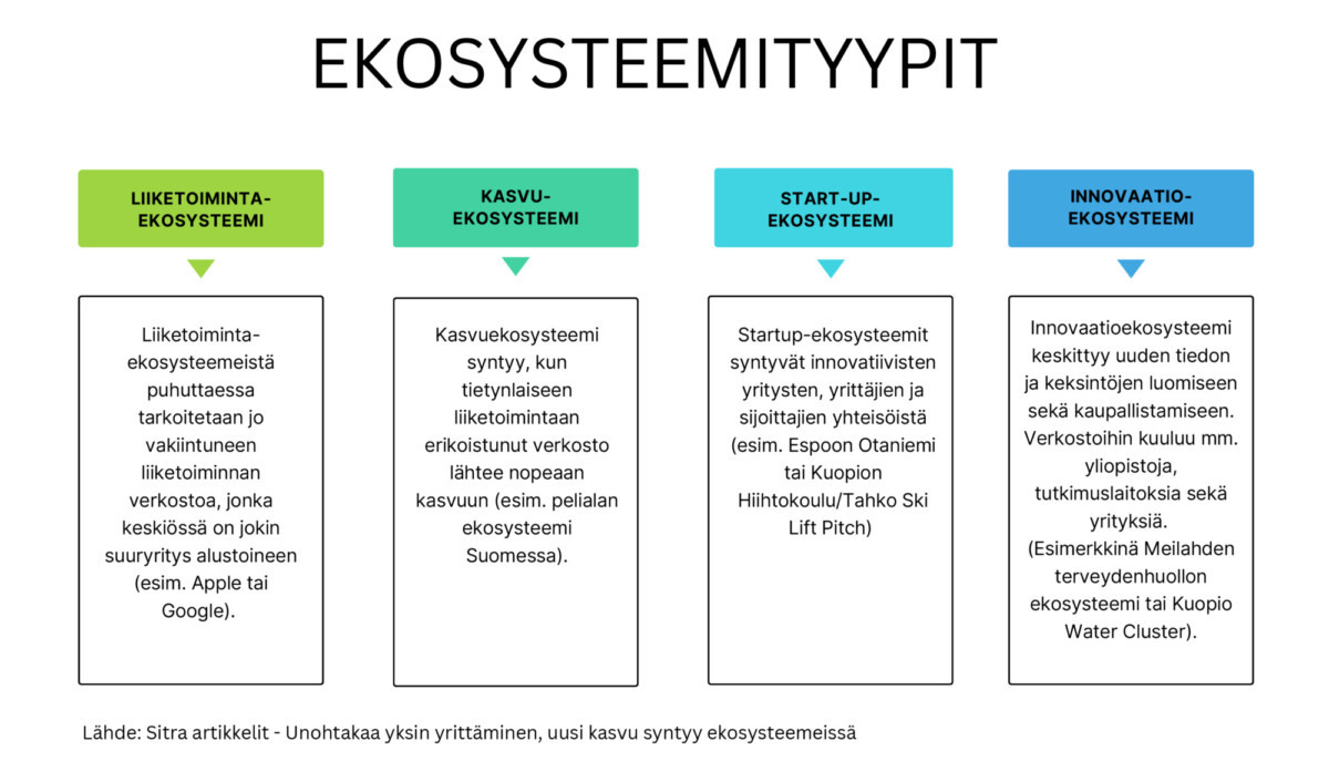 Infograafi, jossa 4 ekosysteemityyppiä, liiketoimintaekosysteemi, kasvuekosysteemi, start-upekosysteemi ja innvaatioekosysteemi. 