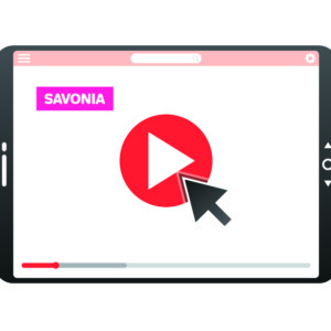 Piirretty kuva tablettitietokoneesta, jonka näytöllä punavalkoinen play -ikoni, seka Savonian logo.