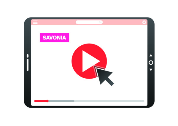 Piirretty kuva tablettitietokoneesta, jonka näytöllä punavalkoinen play -ikoni, seka Savonian logo.