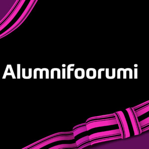 Alumnifoorumin banneri, jossa tekstin lisäksi pinkki-musta nauha.