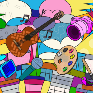 Värikkäässä piirroskuvassa kitara, nuotteja, kamera, videokamera, tehostevalo, mikrofoni ja taidemaalarin välineet.