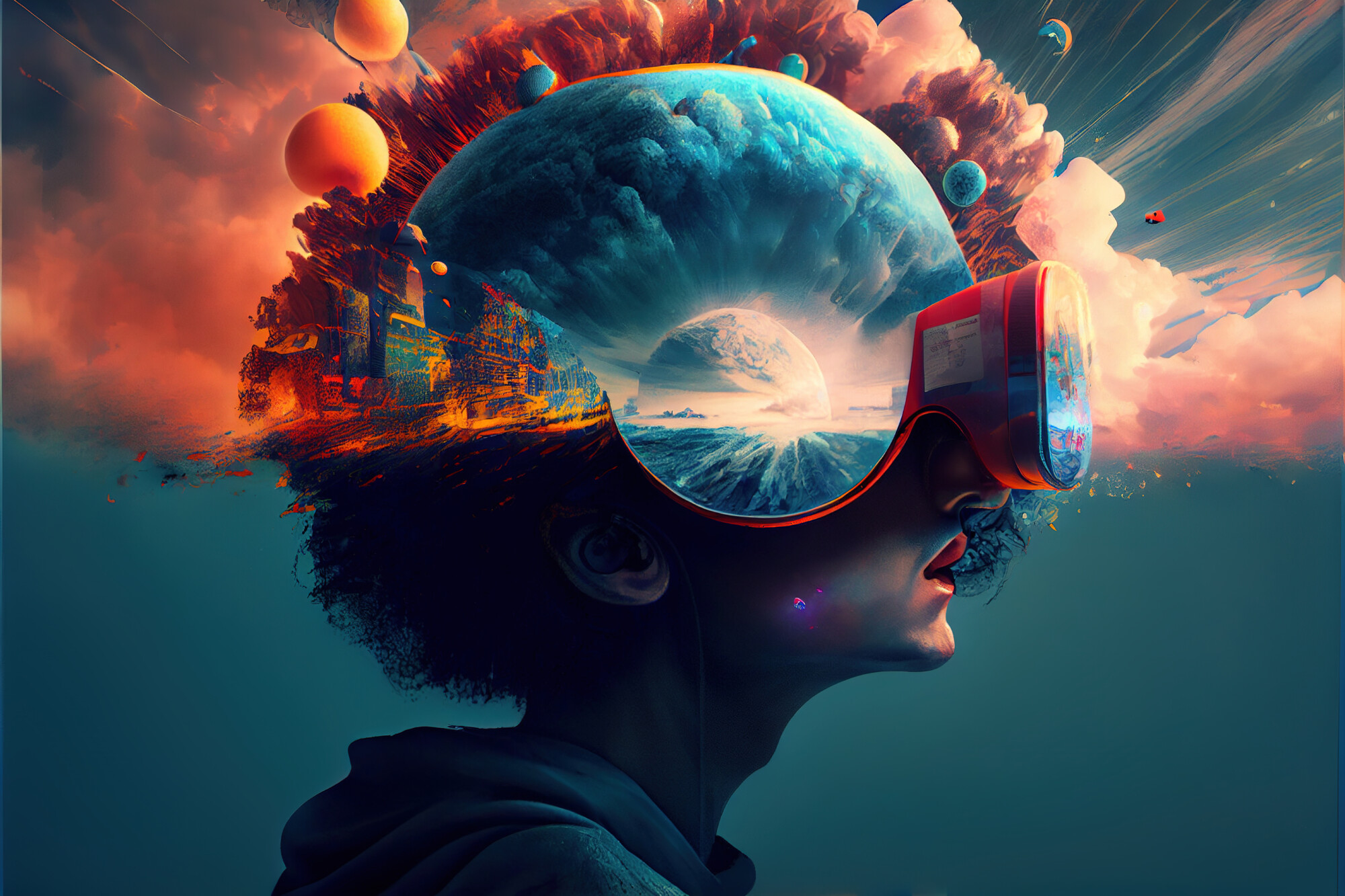 Graafinen kuva jossa ihminen VR-lasit päässä.