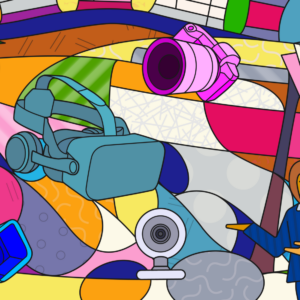 värikäs piirroskuva, jossa mm. mikrofoni, näyttämövalaisin, videokamera, virtuaalilasit, sekä web-kamera.