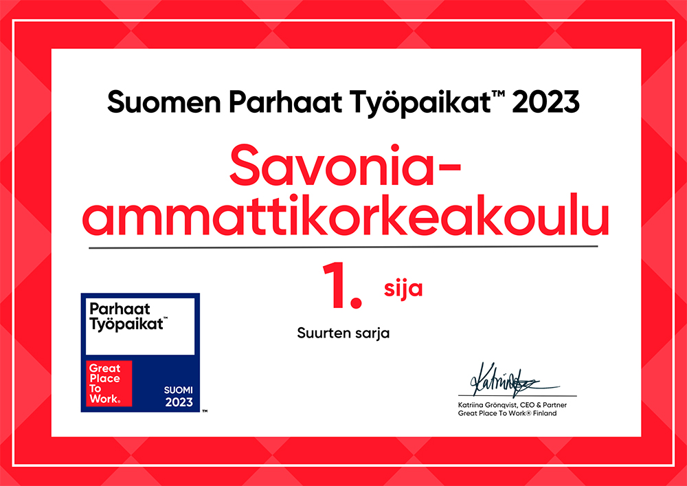 Savonia-ammattikorkeakoulu voitti Great Place To Work-kilpailun Suurten yritysten sarjan!