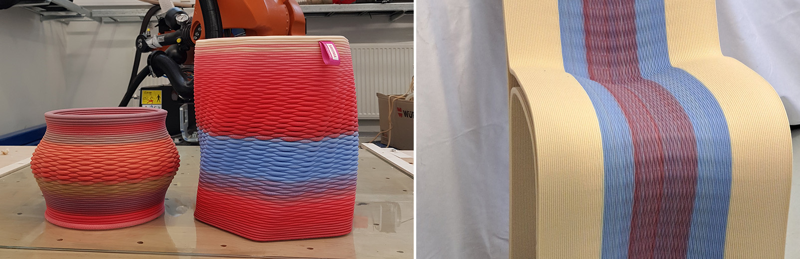Kuvassa erilaisista 3D-tulostettuja väri- ja pintakuviointikokeiluja.
