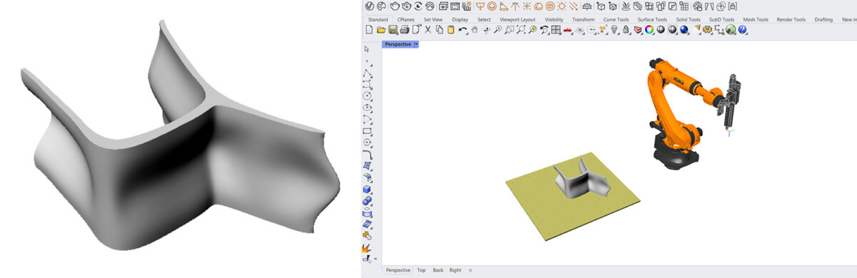 Kuva 3. Tuolin 3D-malli Rhinossa, ja malli sijoitettuna robotin tulostusalueelle.