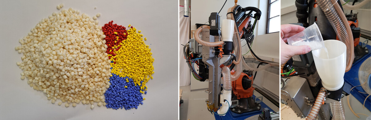 Kuva 6. Vasemmalla granulaatit ja väriaineet, keskellä CEAD robotextruder johon on muokattu hopperi materiaalin lisäystä varten, oikealla granulaatin kaataminen hopperiin käynnissä.