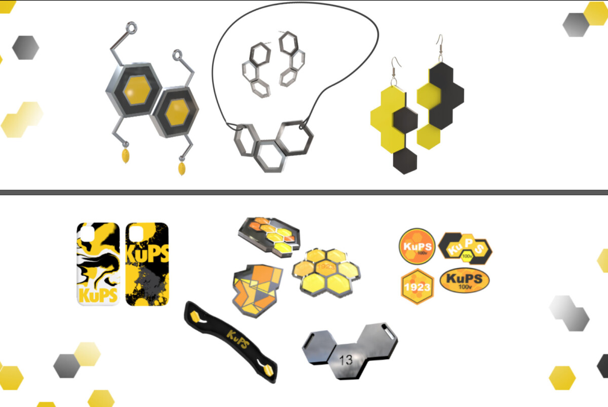Koru- sekä tuotemallisto KuPS:in satavuotisjuhlaa varten. 3D-mallinnus Tanja Hassinen ja Jaana Hyvönen.
