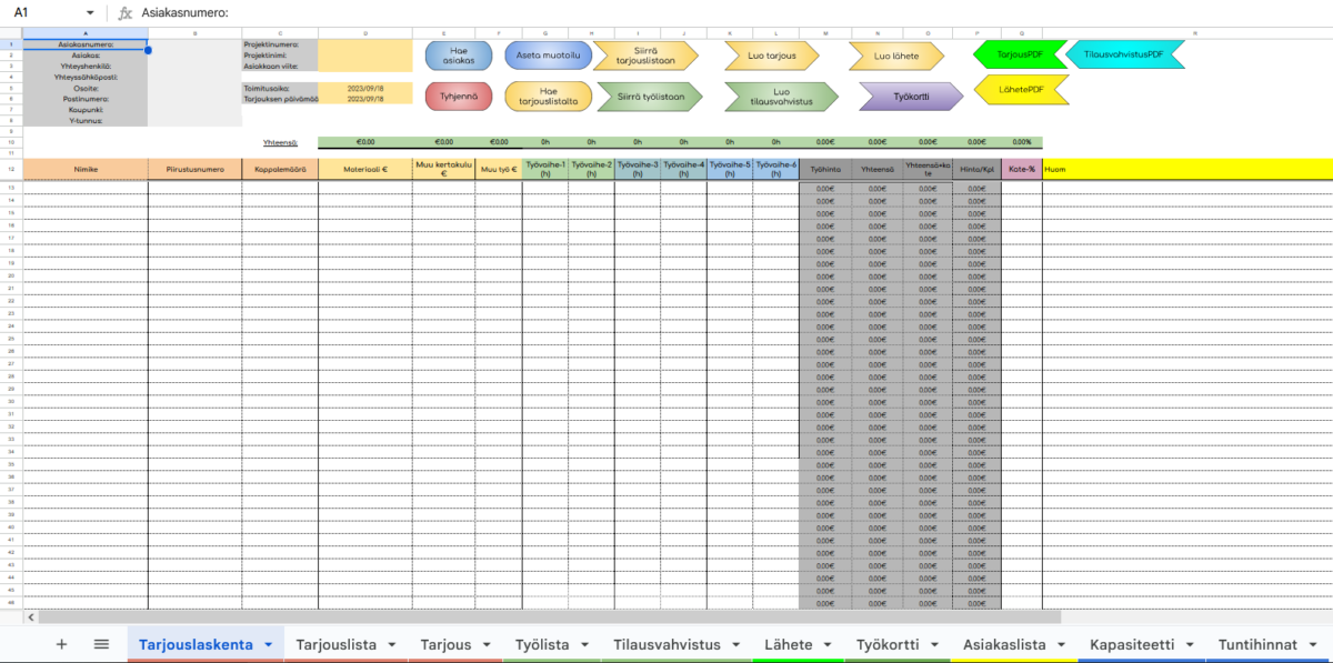 Kuva 4. Google Sheets -työkalun tarjouslaskenta -välilehti. (Tanskanen, 2023).