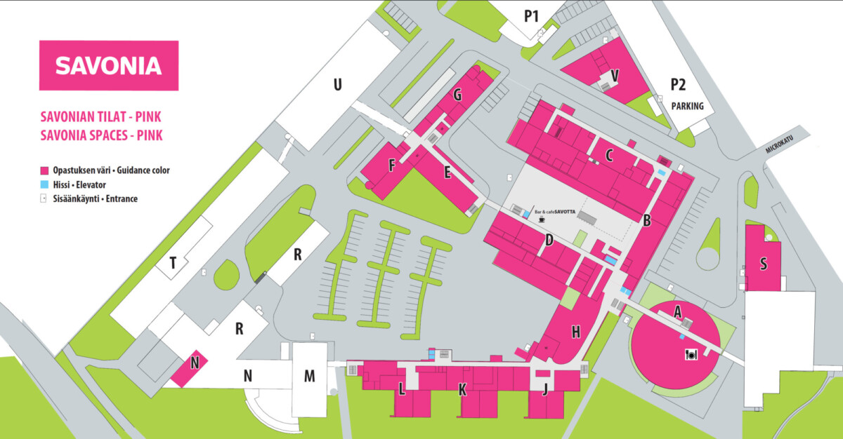 Savonian tilat korostettuna pinkillä värillä Microkadun kampusalueen karttapohjassa.