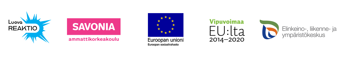 Logoja: Luova Reaktio, Savonia-ammattikorkeakoulu, EU:n lippulogo, Vipuvoimaa EU:lta, sekä ELY-keskus.
