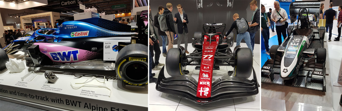 Kolmeosainen kuva, jossa vasemmalla 3DSystemsin osastolla esillä ollut BWT Alpina F1 auto, keskellä Additive Industriesin osastolla esillä ollut Sauberin F1 auto ja oikealla Intamsysin osastolla ollut GreenTeamin Formula Student -auto.