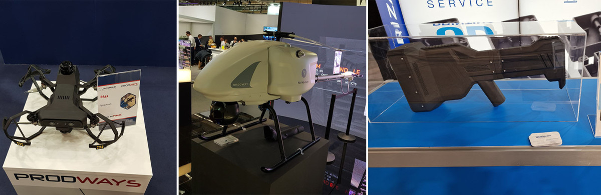 Kolmeosainen kuva, jossa vasemmalla Prodways -yrityksen valmistama drooni, Discoveryn valmistama UAV/UAS ”superdrooni” ja oikealla Teknodizayn LD80 anti-drone tuote.
