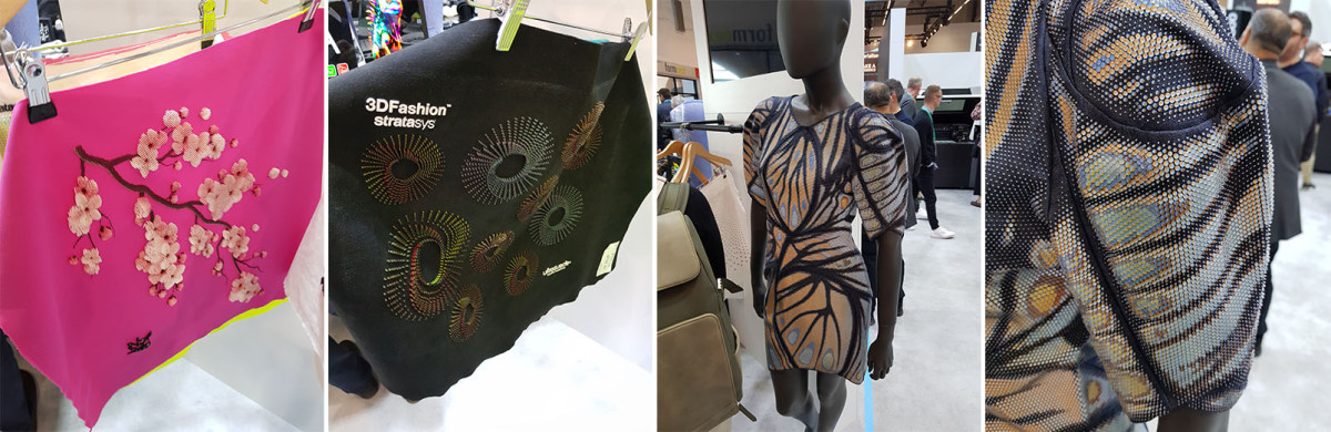 Neljäosainen kuvakooste, jossa Stratasysin osastolla olleite esimerkkejä irtokankaille tulostetuista kuvioista, sekä multimateriaalitulosteena valmistettu Greta-Oto mekko.