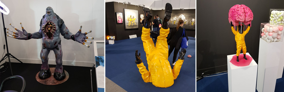 Kolmeosainen koostekuva, jossa näkyy erilaisia patsaita ja taideteoksia jotka olivat messuilla esillä. Vasemmalla Inzert3D yrityksen osastolla esillä ollut patsas, keskellä ja oikealla kuvia Sutosu -taideinstallaatiosta.
