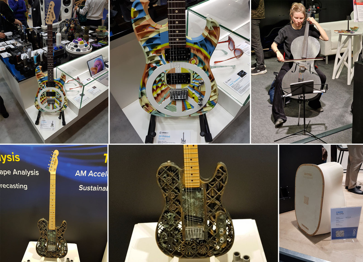 Koostekuva, jossa on kuvia 3D-tulostetuista sähkökitaroista, sellosta ja cajon -soittimesta.