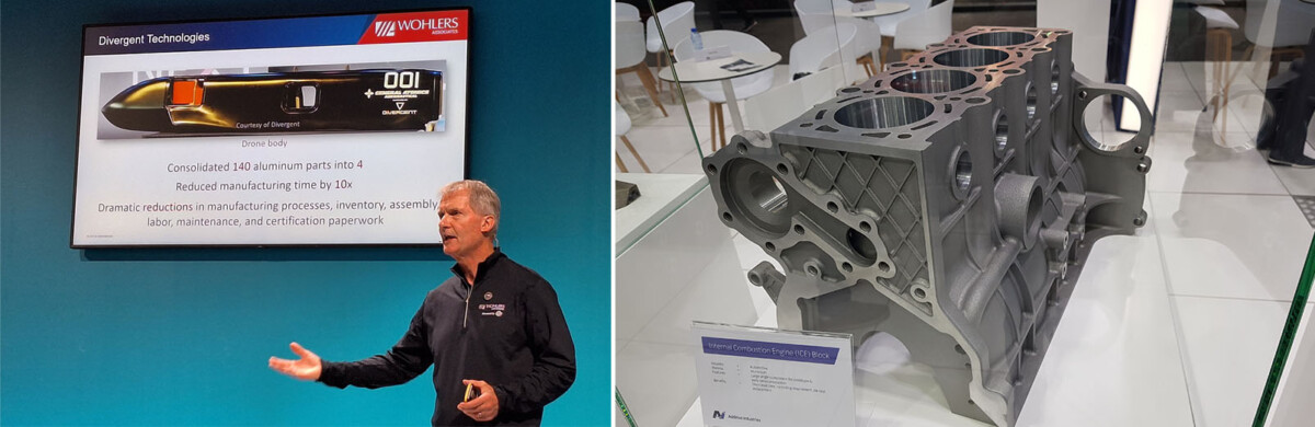 Kaksiosainen kuva, jossa vasemmalla Terry Wohlers esittelee 3D-tulostuksen hyötyjä autoteollisuudesta. Oikealla Additive Industries -laitevalmistajan osastolla esillä ollut alumiinista valmistettu polttomoottorin lohko.