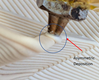 Picture shows an example of asymmetric deposition due to gravity in angled printing 