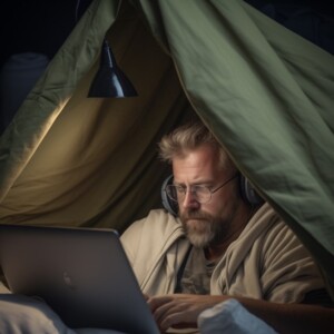 Mieshenkilö teltassa tietokoneen äärellä kuulokkeet päässä.