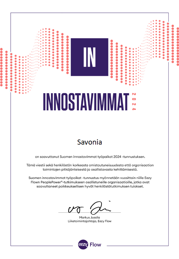 Suomen innostavimmat työpaikat 2024 tunnustus Savonialle.