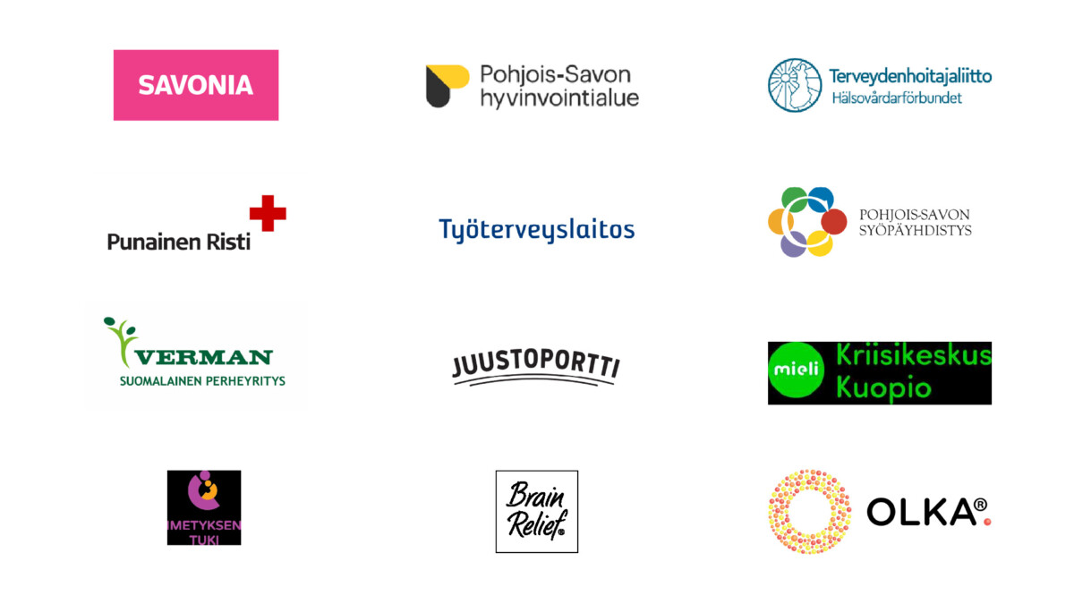 Hyvinvointimessuille osallistuvien organisaatioiden logot.