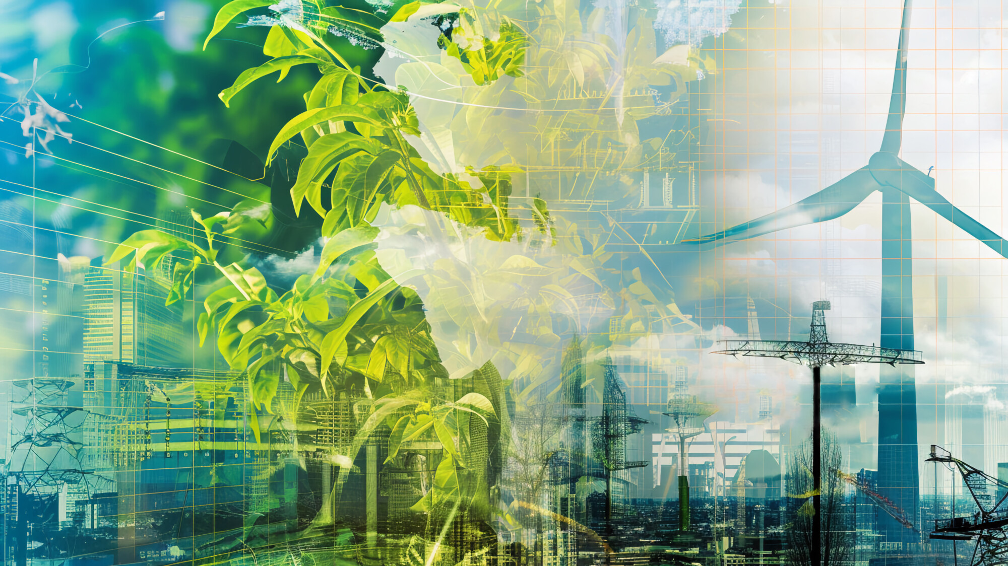 Graafisessa kuvassa näkyy vihreitä kasveja, harmaata savua, rakennusten ja tuulivoimaan siluetti.