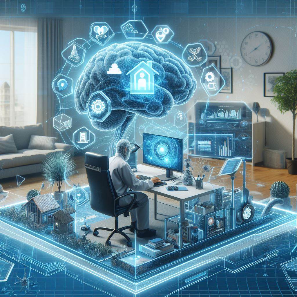 Futuristisessa kuvassa henkilö istuu huoneessa tietokoneen ääressä, hänen yläpuolelleen muodostunut digitaaliset aivot.