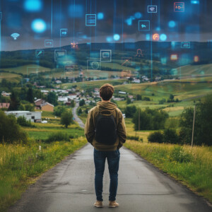 An AI-generated image of a young man looking at a rural village, from which digitalization-related icons emerge.