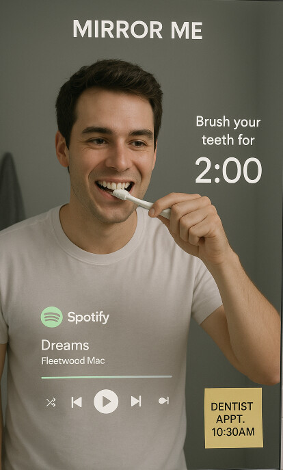 Mies hymyilee harjatessaan hampaitaan älypeilin edessä, jossa näkyy Spotify-kappale, kahden minuutin ajastin ja hammaslääkäriajan muistutus klo 10.30.