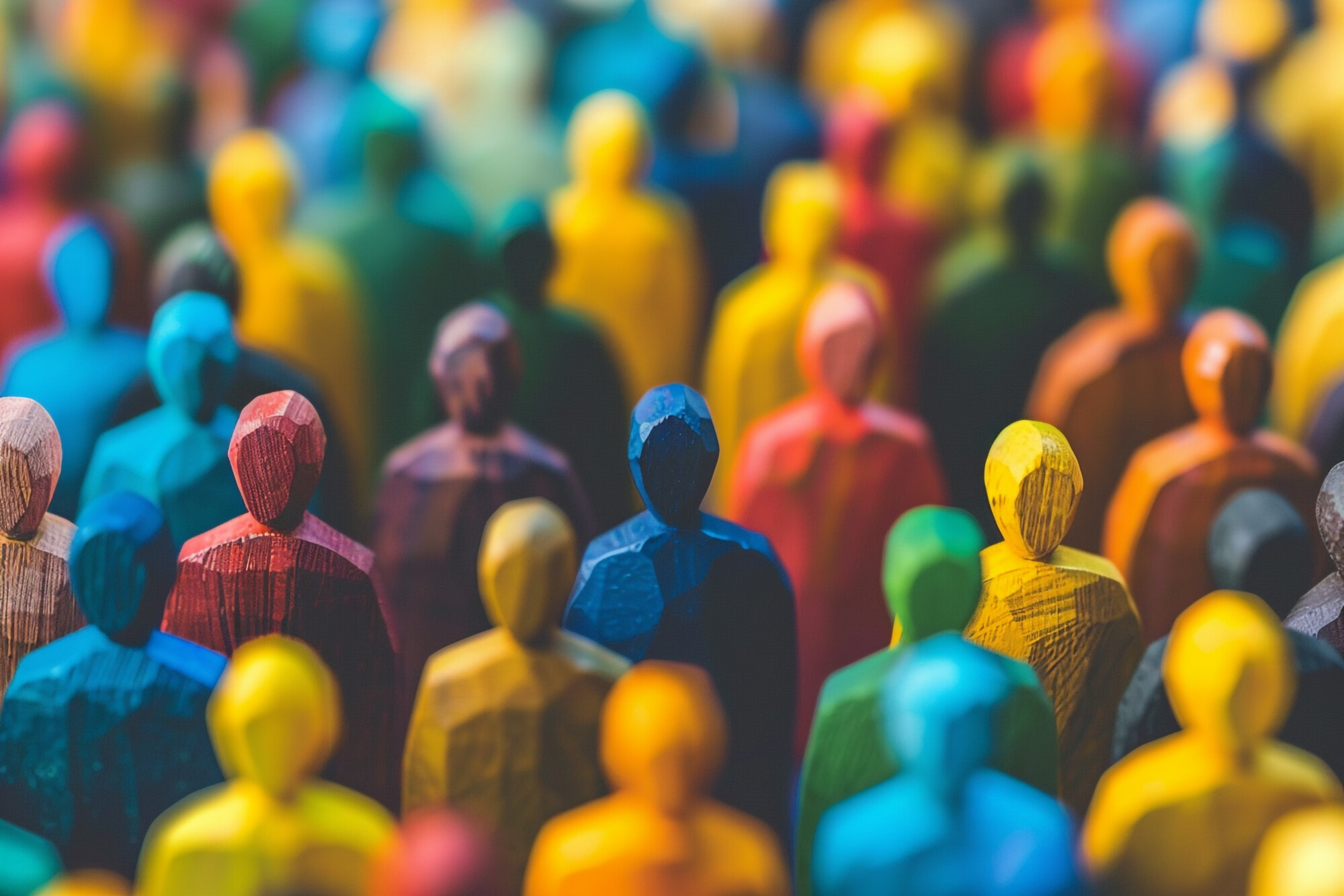 Suuri ryhmä värikkäitä, abstrakteja puusta tehtyjä ihmishahmoja seisoo tiiviisti yhdessä symboloiden monimuotoisuutta ja yhteisöllisyyttä. Keskipisteenä on keskellä oleva sininen hahmo, ja muut hahmot hiipuvat taustaan.