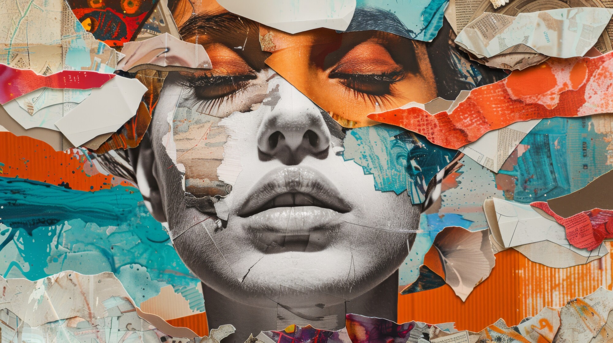 Sekatekniikalla tehty kollaasi, jossa on mustavalkoinen muotokuva suljetuista silmistä olevasta naisesta, jota ympäröivät värikkäät revityt paperit ja oranssin, sinisen, punaisen ja beigen sävyissä maalatut tekstuurit.