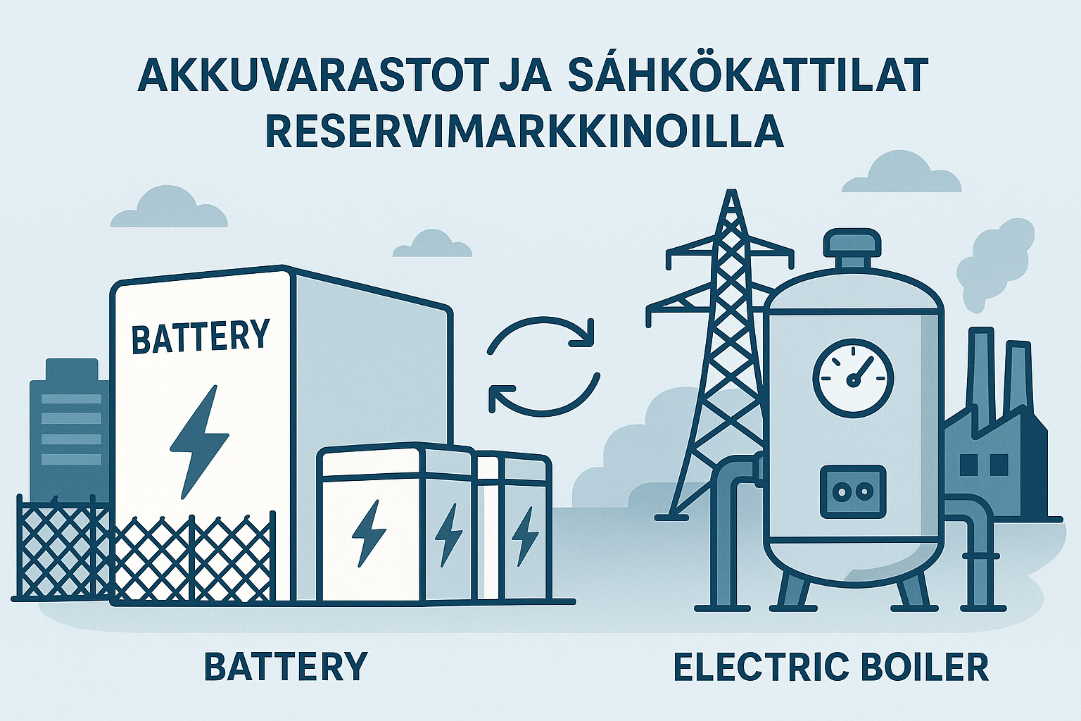 Sähköjakeluverkon pylväs, akkuvarasto ja sähkökattila.