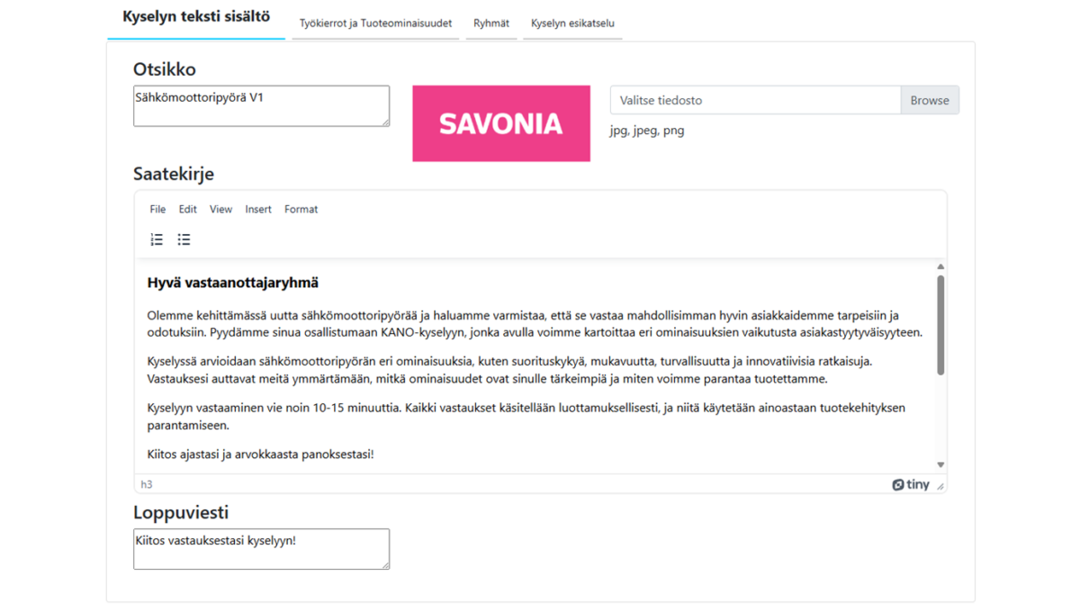Suomenkielinen kyselynluontilomake, jossa on kentät otsikolle, kansikuvalle, esittelykirjeelle, pääviestille ja lopetusviestille. Sivulla on vaaleanpunainen SAVONIA-logo ja muokattavat tekstiosiot.