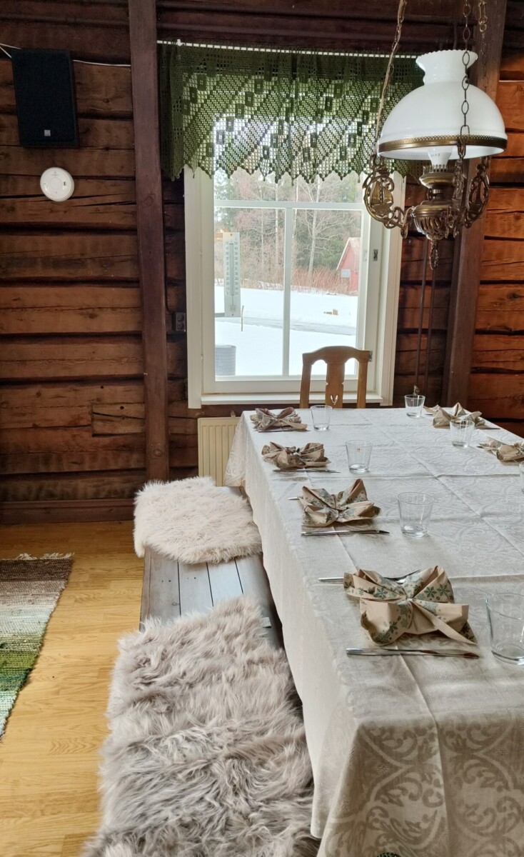 Kuvassa pirtinpöytä katettuna hirsisessä tuvassa.