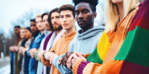 Monimuotoinen ihmisryhmä seisoo ulkona jonossa kädestä pitäen ja katsoen eteenpäin vakavin ilmein, symboloiden yhtenäisyyttä ja solidaarisuutta.