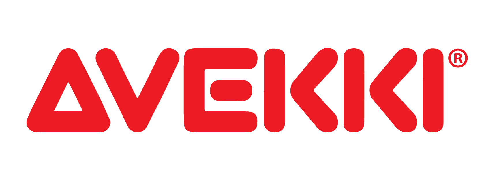 Kuvassa on sana AVEKKI lihavoituna, punaisena, tyyliteltynä isoilla kirjaimilla valkoisella taustalla. A-kirjain muistuttaa kolmiota ja sen lopussa on rekisteröidyn tavaramerkin symboli.