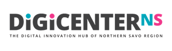 DigiCentreNS:n logo, jonka alla lukee pienemmällä tekstillä "THE DIGITAL INNOVATION HUB OF NORTHERN SAVO REGION". Kirjaimet G, N ja S on korostettu sinisillä ja vaaleanpunaisilla pisteillä ja väreillä.