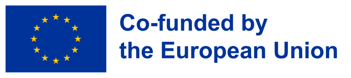 Sininen suorakulmio, jossa on keltaisia tähtiä EU:n lippua esittävässä ympyrässä, vieressä sinisellä teksti Co-funded by the European Union.