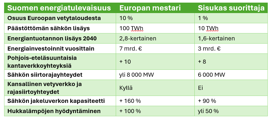 Suomenkielinen vertailutaulukko, joka näyttää Euroopan mestari- ja Sisukas suorittaja -skenaarioiden energiatavoitteet, mukaan lukien tilastot vedystä, sähköstä, energiainvestoinneista, sähköverkosta ja energiatehokkuustavoitteista Suomessa.
